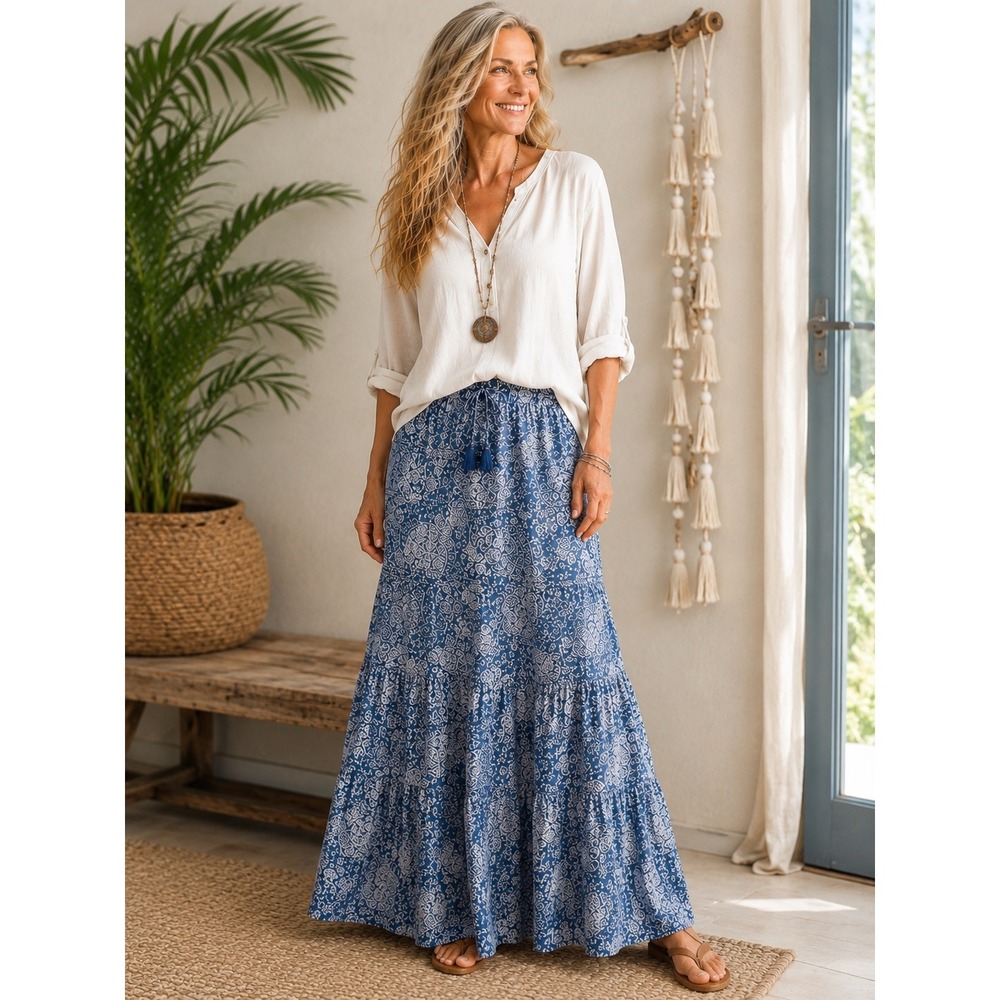 J Jill Denim NWT Paisley Maxi Skirt Tencel Lyocell Pull On Medium  Boho Coastal